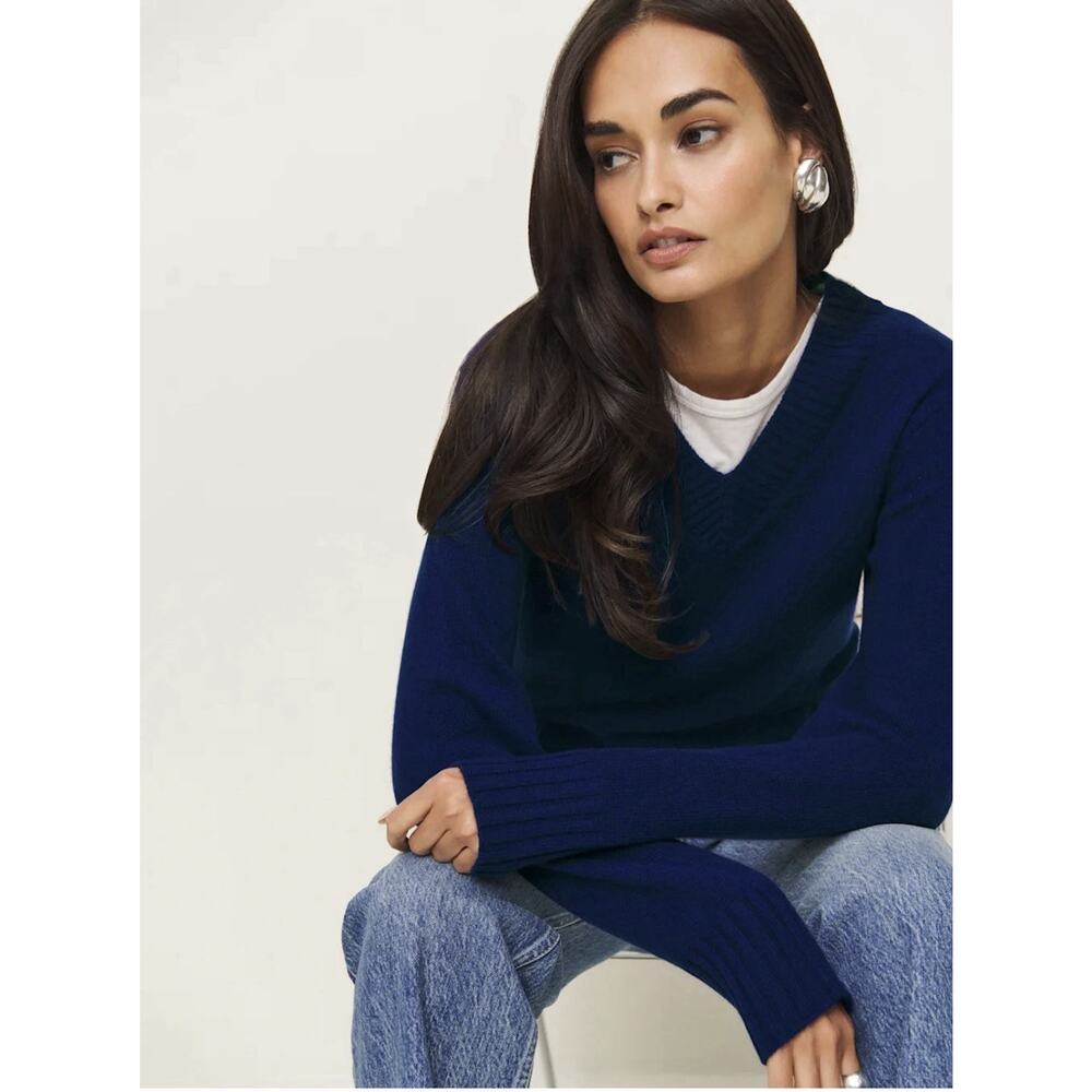 Reformation Deep Blue V-Neck Cashmere Sweater